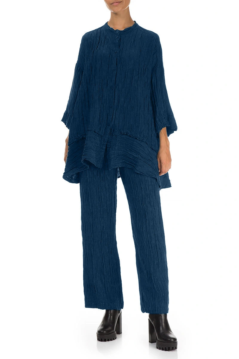 Flared Crinkled Royal Blue Silk Shirt 4