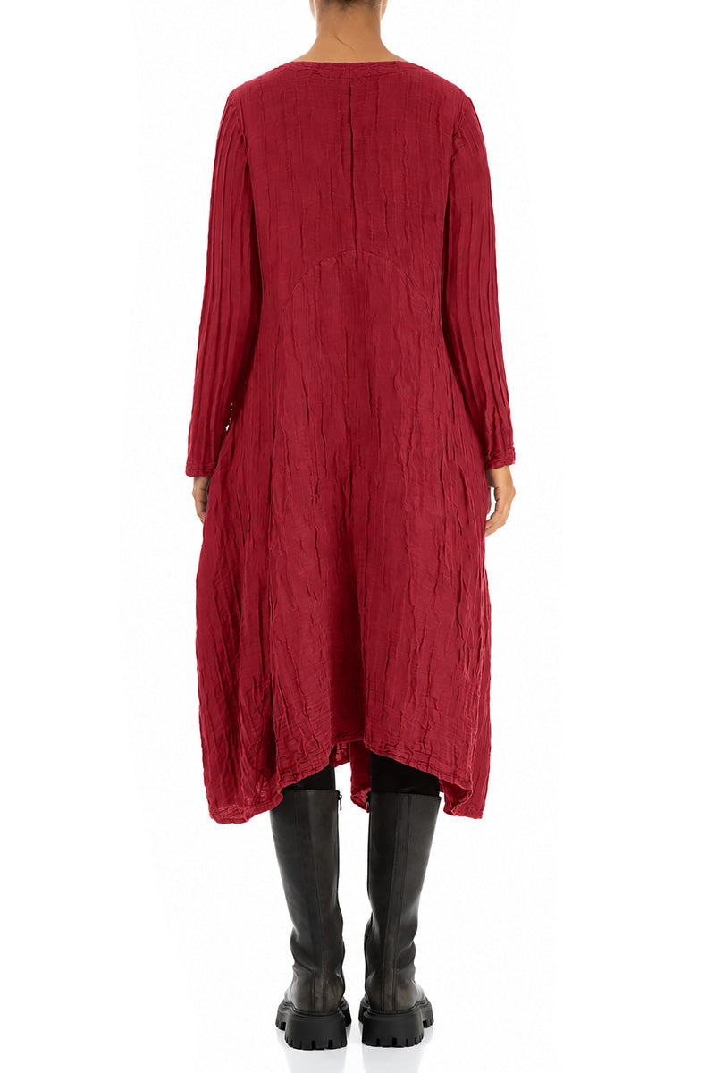 Flared Crinkled Ruby Silk Linen Dress