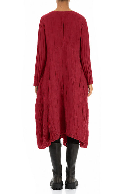 Flared Crinkled Ruby Silk Linen Dress