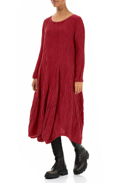 Flared Crinkled Ruby Silk Linen Dress