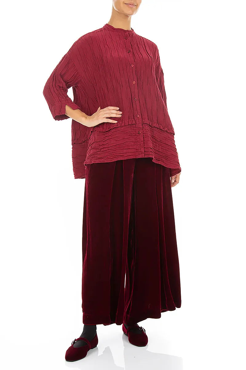 Flared Crinkled Ruby Silk Linen Shirt 4