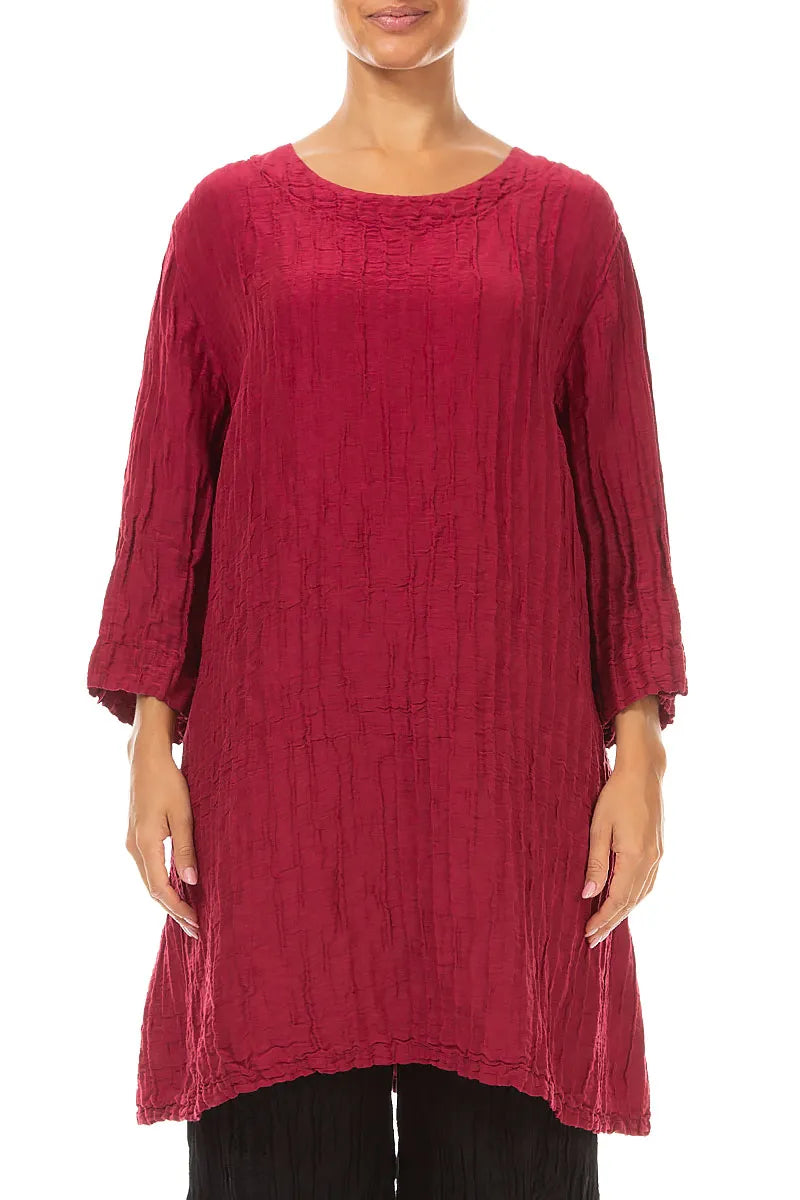 Tunique évasée en Soie et Lin Rouge rubis Froissé