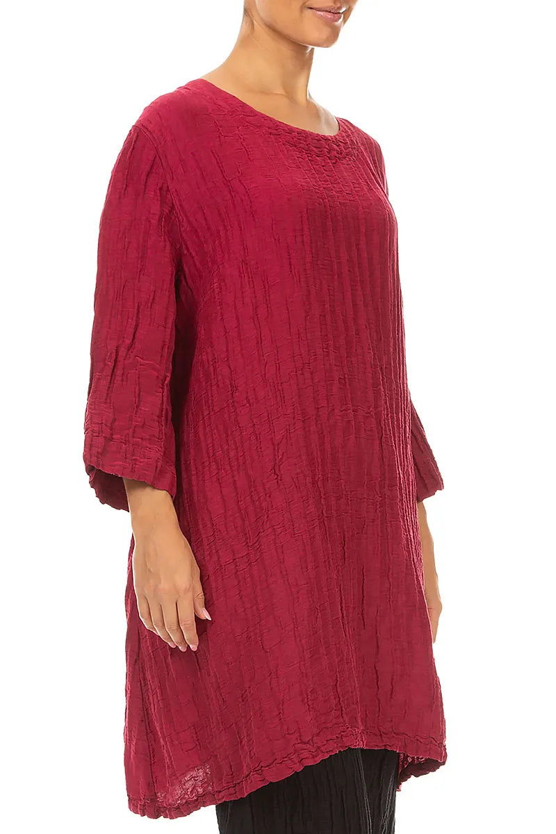 Tunique évasée en Soie et Lin Rouge rubis Froissé