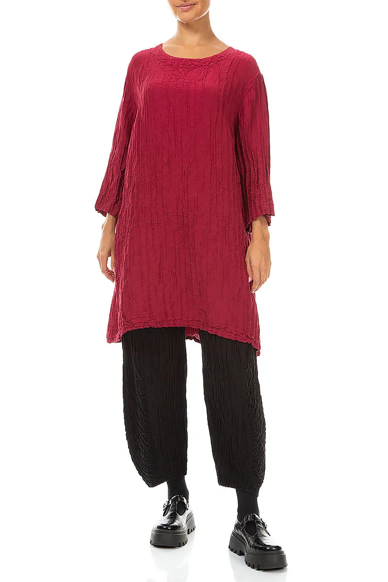 Tunique évasée en Soie et Lin Rouge rubis Froissé