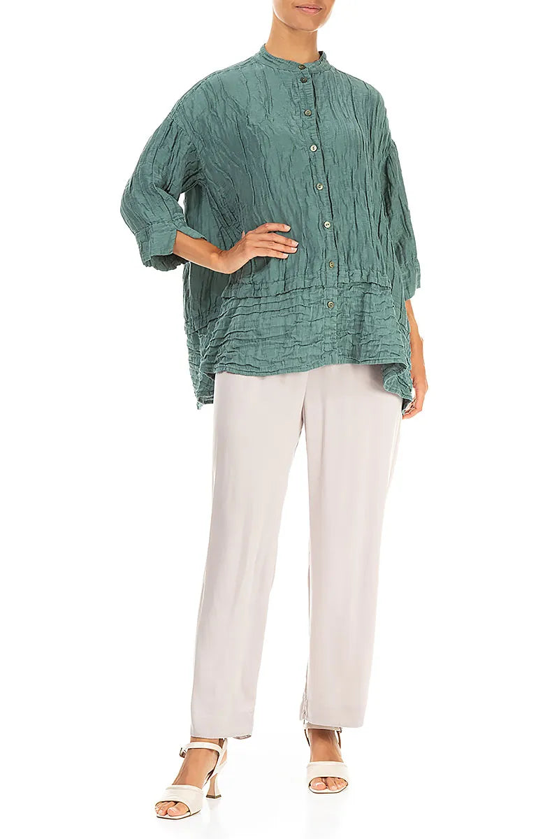 Flared Crinkled Sage Silk Shirt