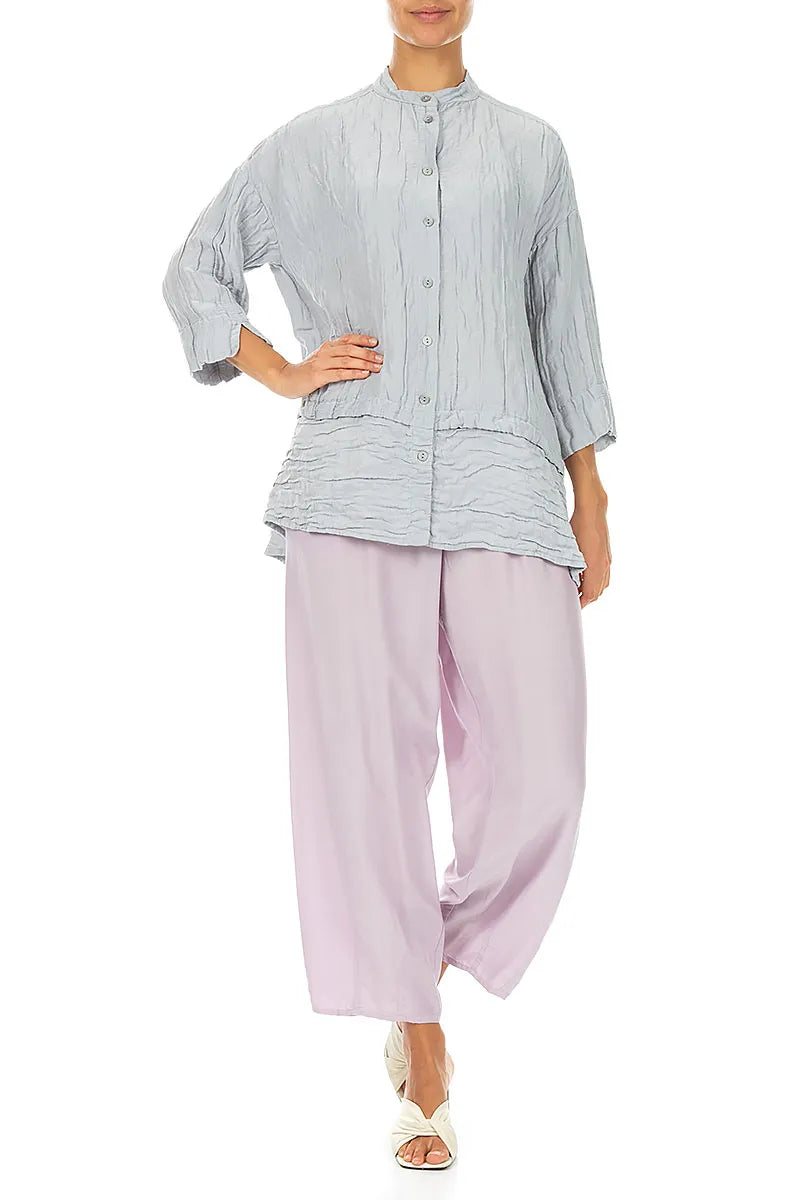 Flared Crinkled Silver Grey Silk Shirt 4