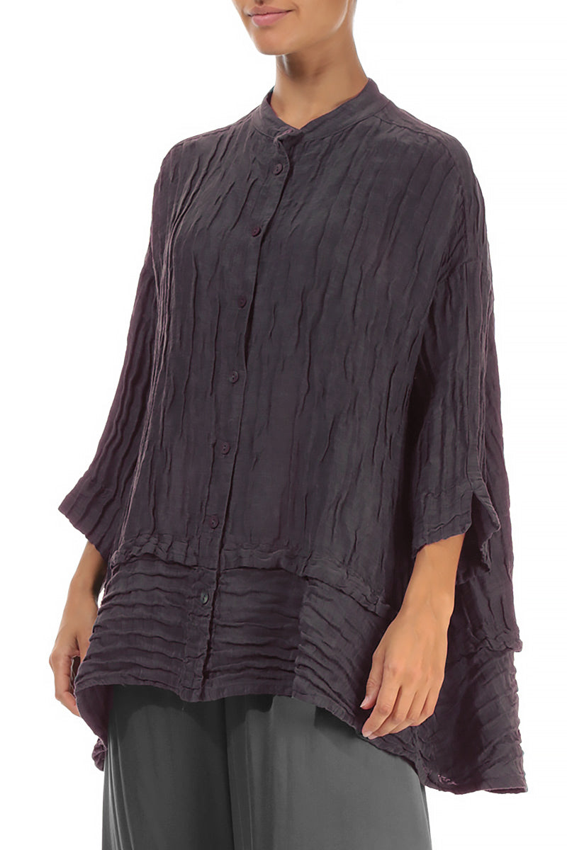 Flared Crinkled Slate Blue Silk Shirt 3