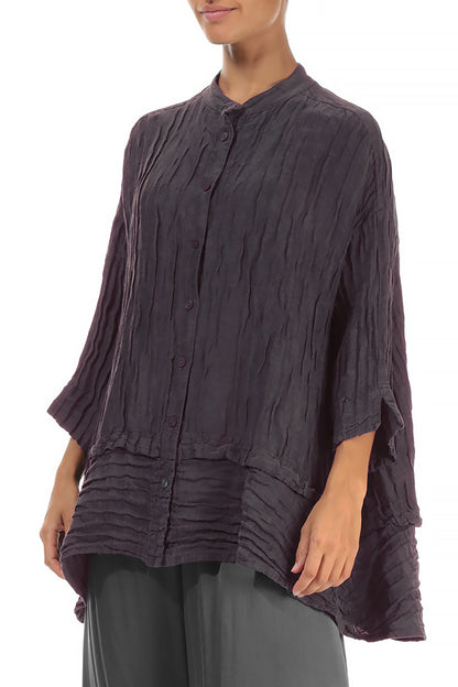 Flared Crinkled Slate Blue Silk Shirt 3