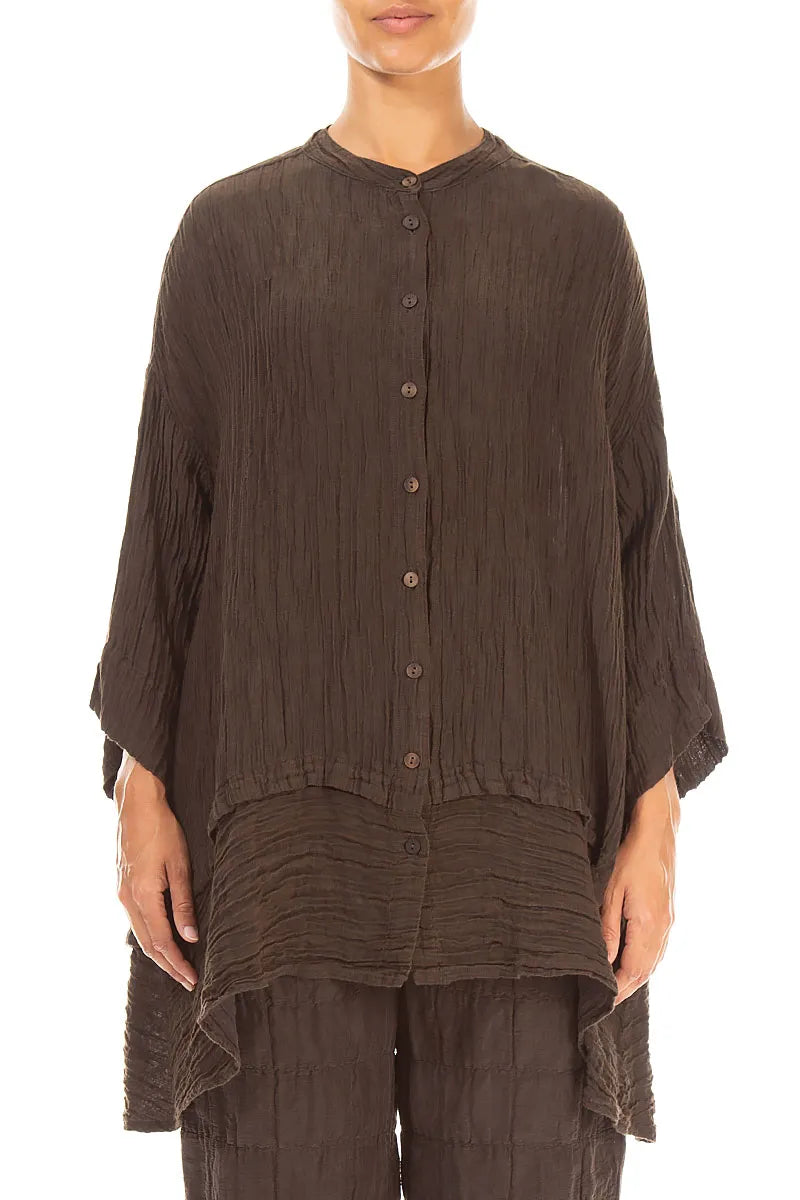 Flared Crinkled Truffle Brown Silk Shirt 1