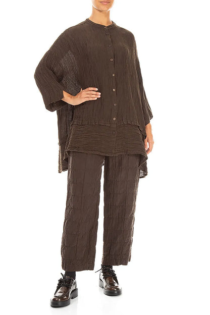Flared Crinkled Truffle Brown Silk Shirt