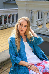 Flared Crinkled Turquoise Silk Shirt 6