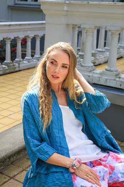 Flared Crinkled Turquoise Silk Shirt 6