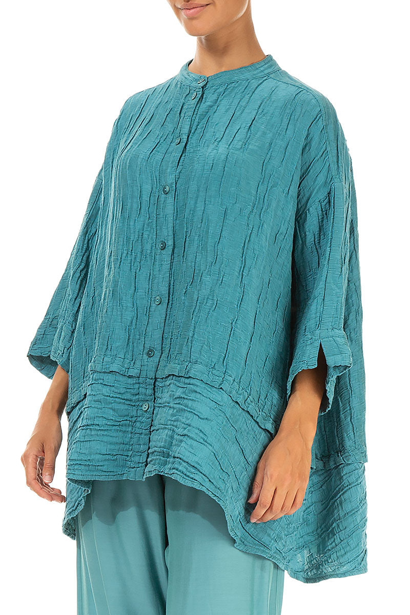 Flared Crinkled Turquoise Silk Shirt 3