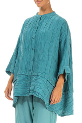 Flared Crinkled Turquoise Silk Shirt 3
