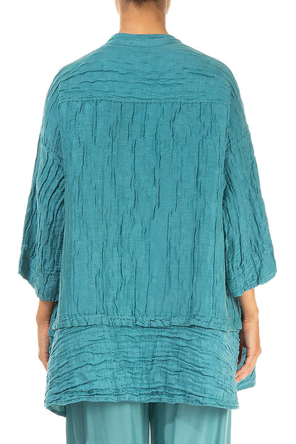 Flared Crinkled Turquoise Silk Shirt 2