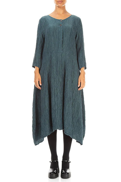 Flared Deep Turquoise Crinkled Silk Linen Dress
