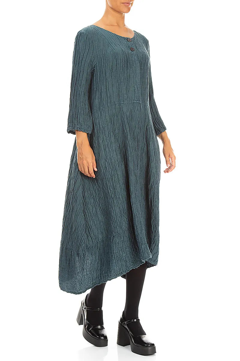 Flared Deep Turquoise Crinkled Silk Linen Dress
