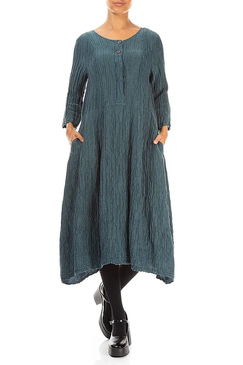 Flared Deep Turquoise Crinkled Silk Linen Dress