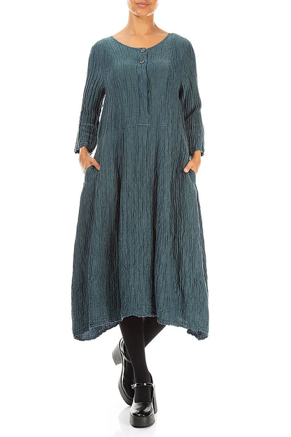 Flared Deep Turquoise Crinkled Silk Linen Dress