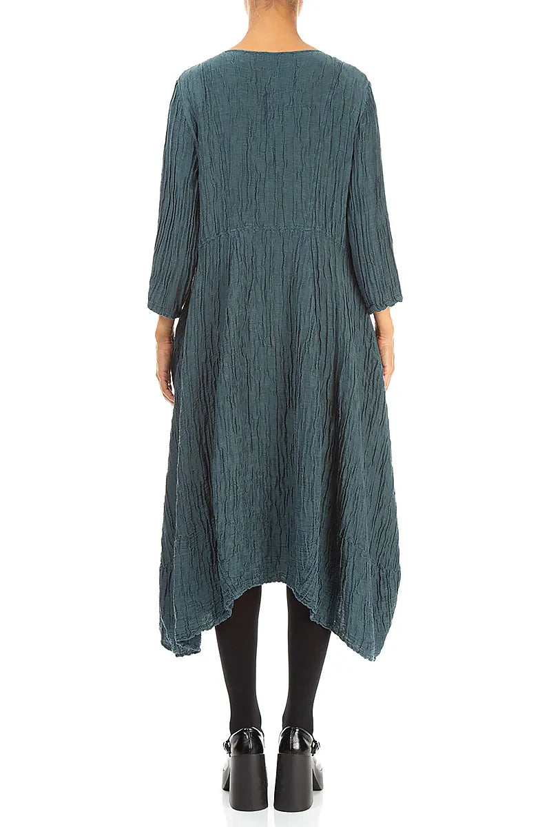 Flared Deep Turquoise Crinkled Silk Linen Dress
