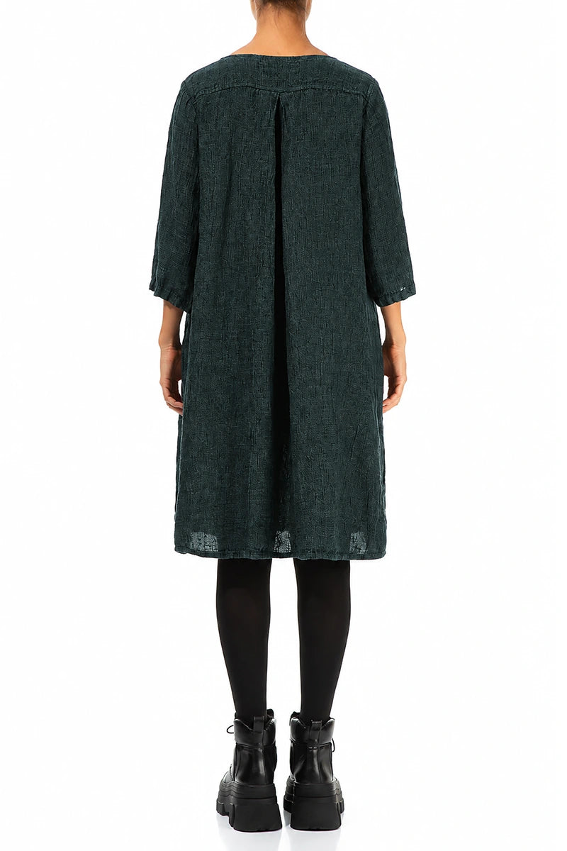 Ausgestelltes Midi-Kleid aus Leinenmischgewebe in Dunkeltürkis-Mélange