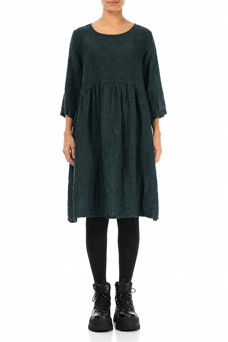 Ausgestelltes Midi-Kleid aus Leinenmischgewebe in Dunkeltürkis-Mélange