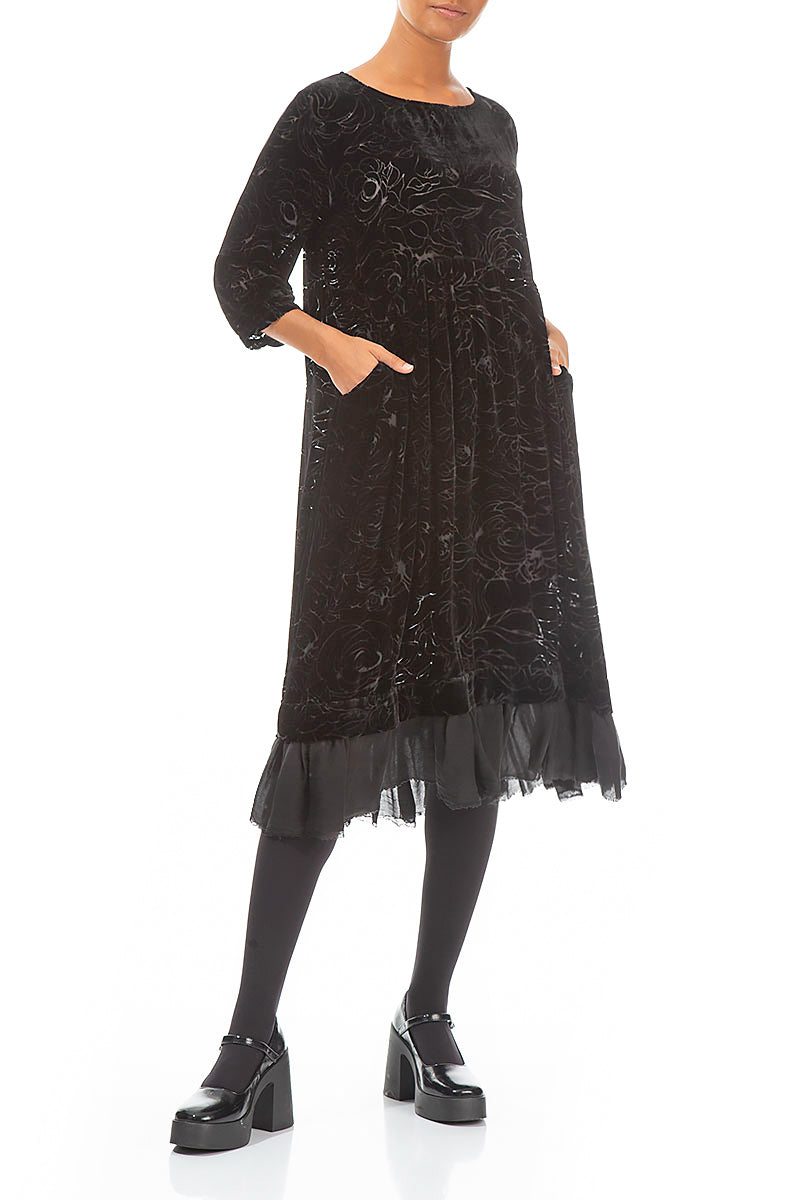 Flared Devoré Roses Black Silk Velvet Dress 3
