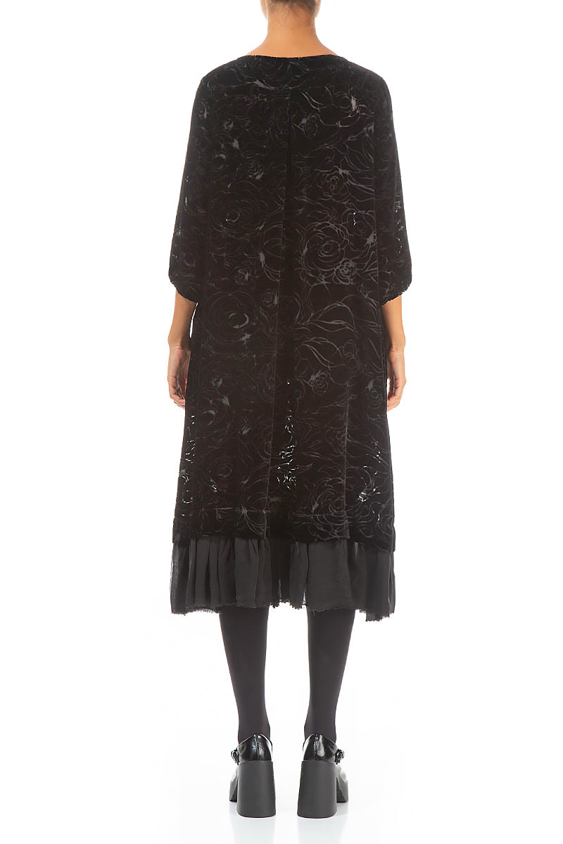 Flared Devoré Roses Black Silk Velvet Dress 2