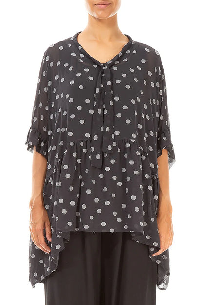Flared Dotty Black Silver Silk Cotton Blouse 1