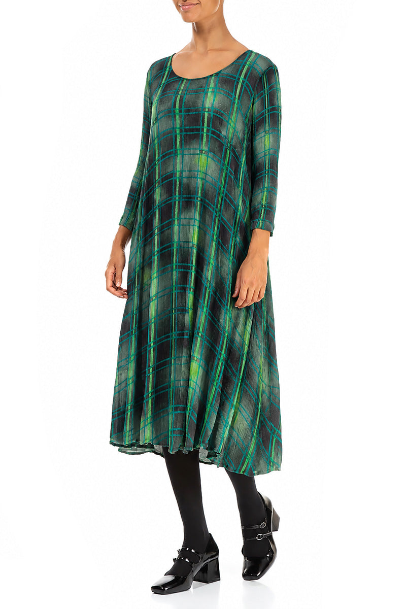 Flared Emerald Grid Silk Viscose Dress