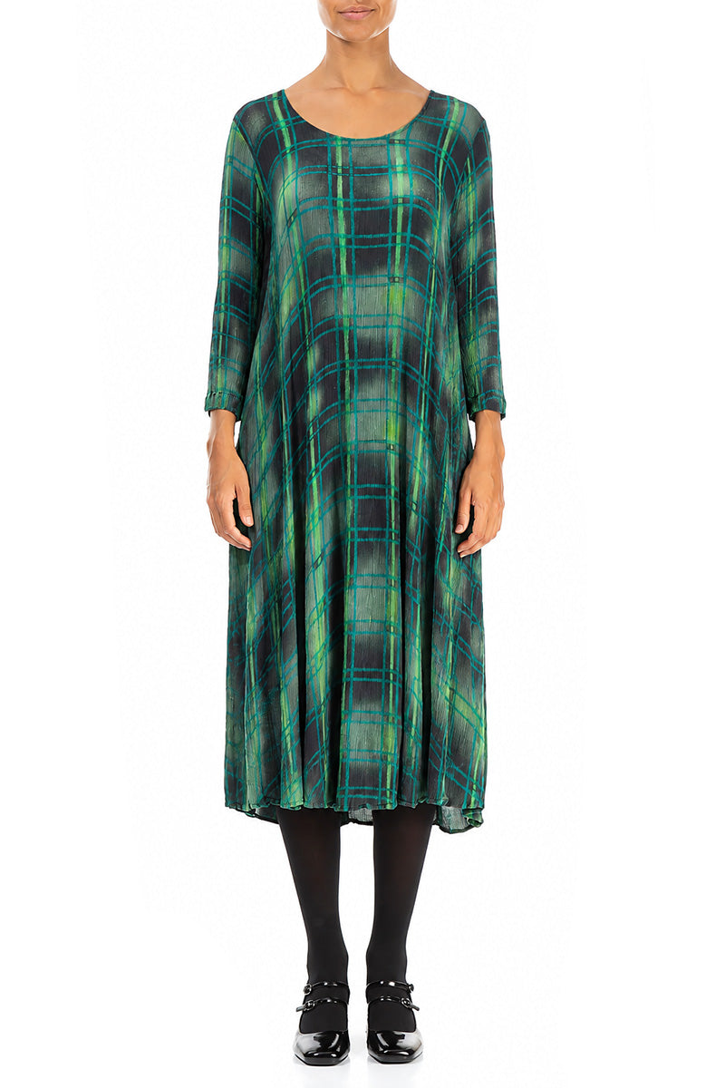 Flared Emerald Grid Silk Viscose Dress