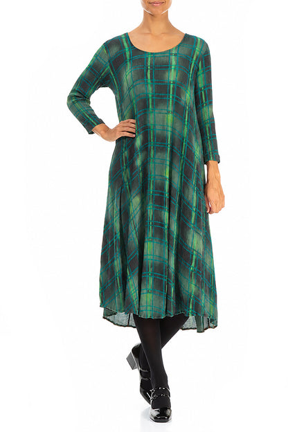 Flared Emerald Grid Silk Viscose Dress