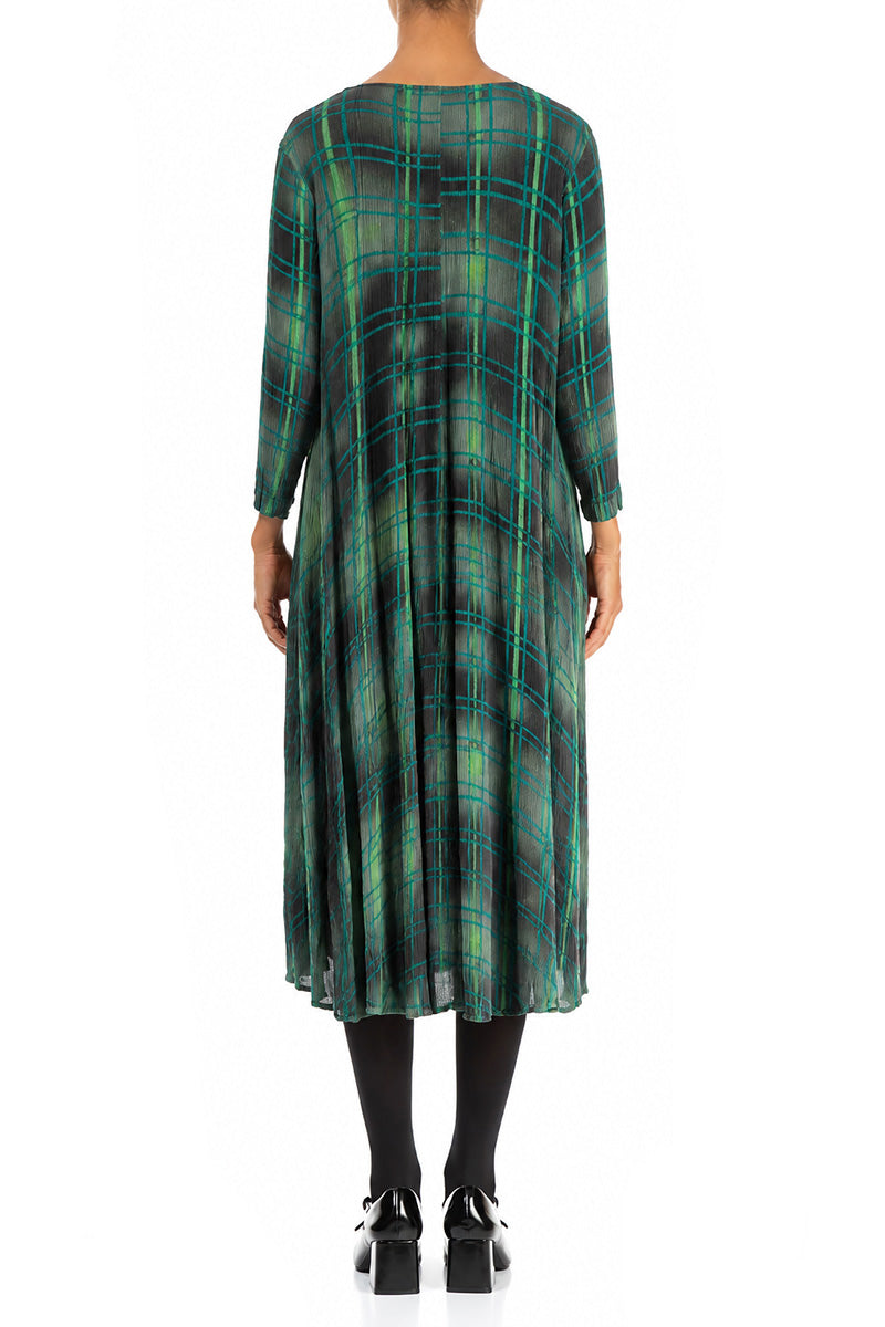 Flared Emerald Grid Silk Viscose Dress