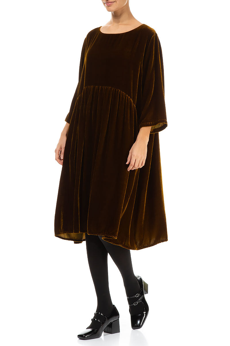 Flared Golden Olive Silk Velvet Dress 4