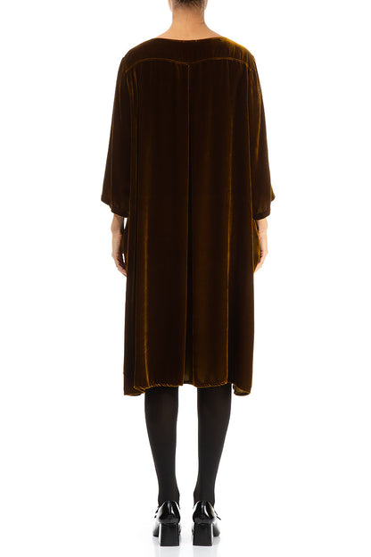 Flared Golden Olive Silk Velvet Dress 3