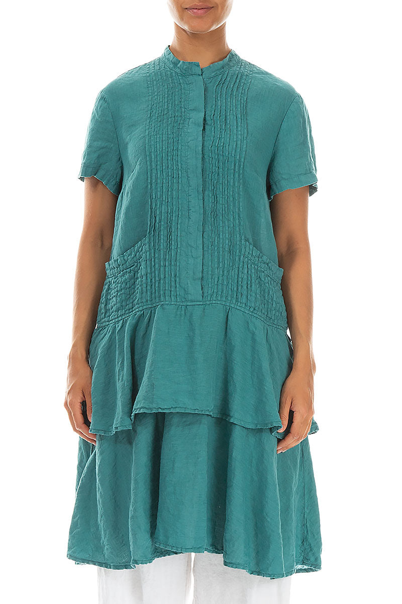 Flared Layered Turquoise Linen Tunic Dress 1