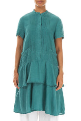 Flared Layered Turquoise Linen Tunic Dress 1