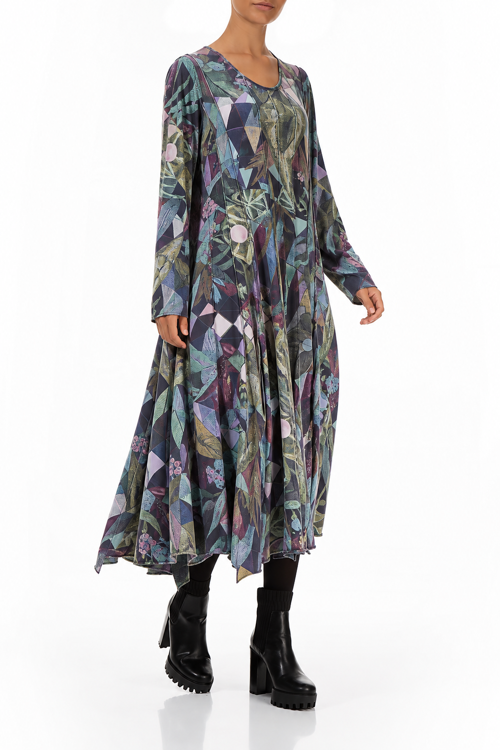 Flared Maxi Art Mosaic Cotton Dress
