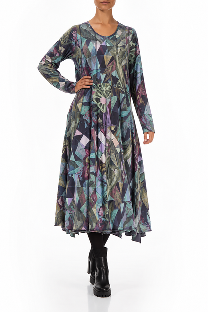 Flared Maxi Art Mosaic Cotton Dress