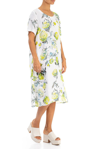 Flared Midi Lime Rose Linen Dress 3