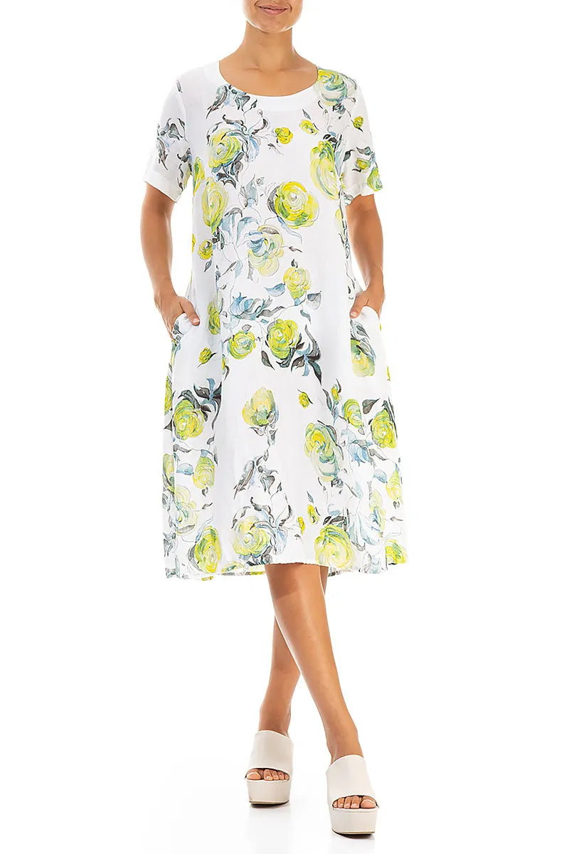Flared Midi Lime Rose Linen Dress 4