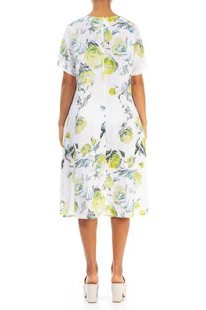 Flared Midi Lime Rose Linen Dress 2