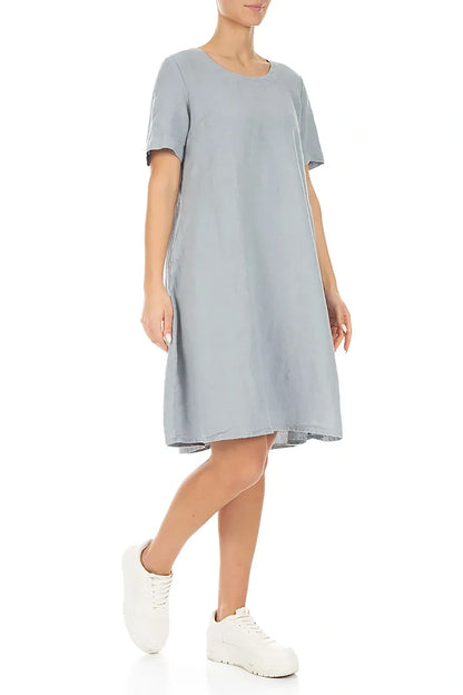 Flared Midi Silver Grey Linen Dress