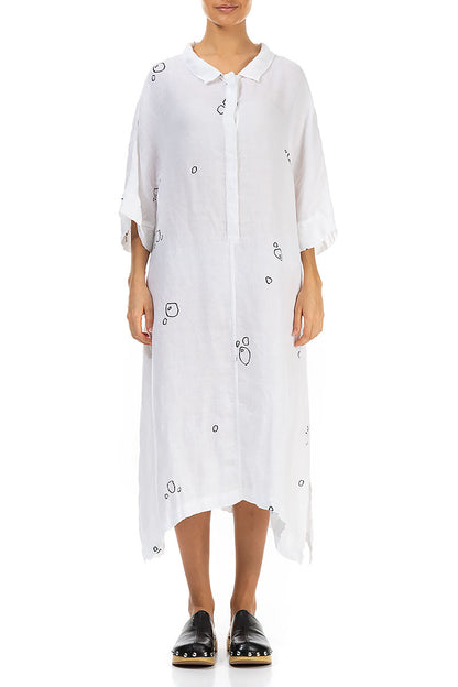 Flared Minimalistic White Bubbles Linen Dress 1