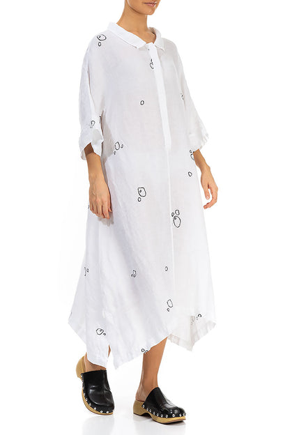 Flared Minimalistic White Bubbles Linen Dress 3
