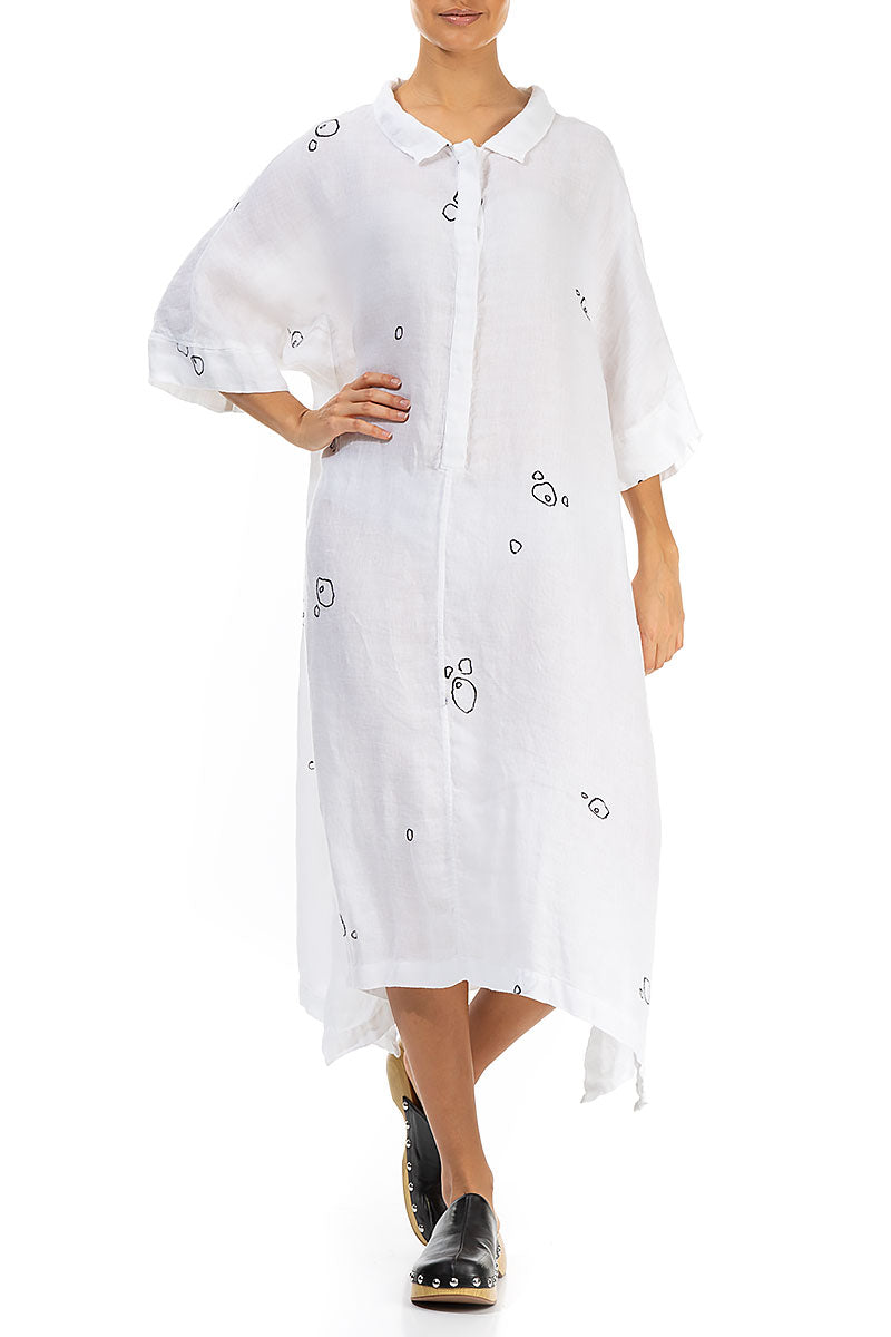 Flared Minimalistic White Bubbles Linen Dress 4