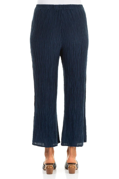 Flared Navy Crinkled Silk Trousers 2