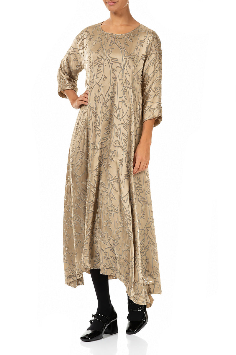 Flared Olive Devoré Feather Silk Dress