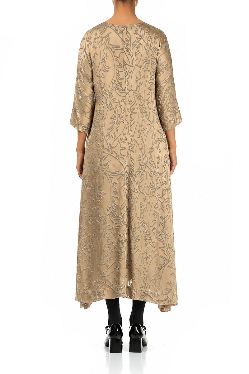 Flared Olive Devoré Feather Silk Dress