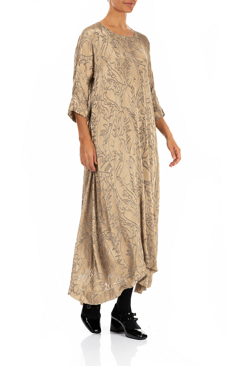Flared Olive Devoré Feather Silk Dress